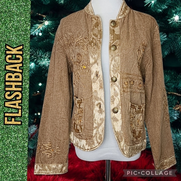JACKET FLASHBACK Brown/Gold Embroidery Rhinestones Buttons Pockets Sz Lg - Picture 1 of 16